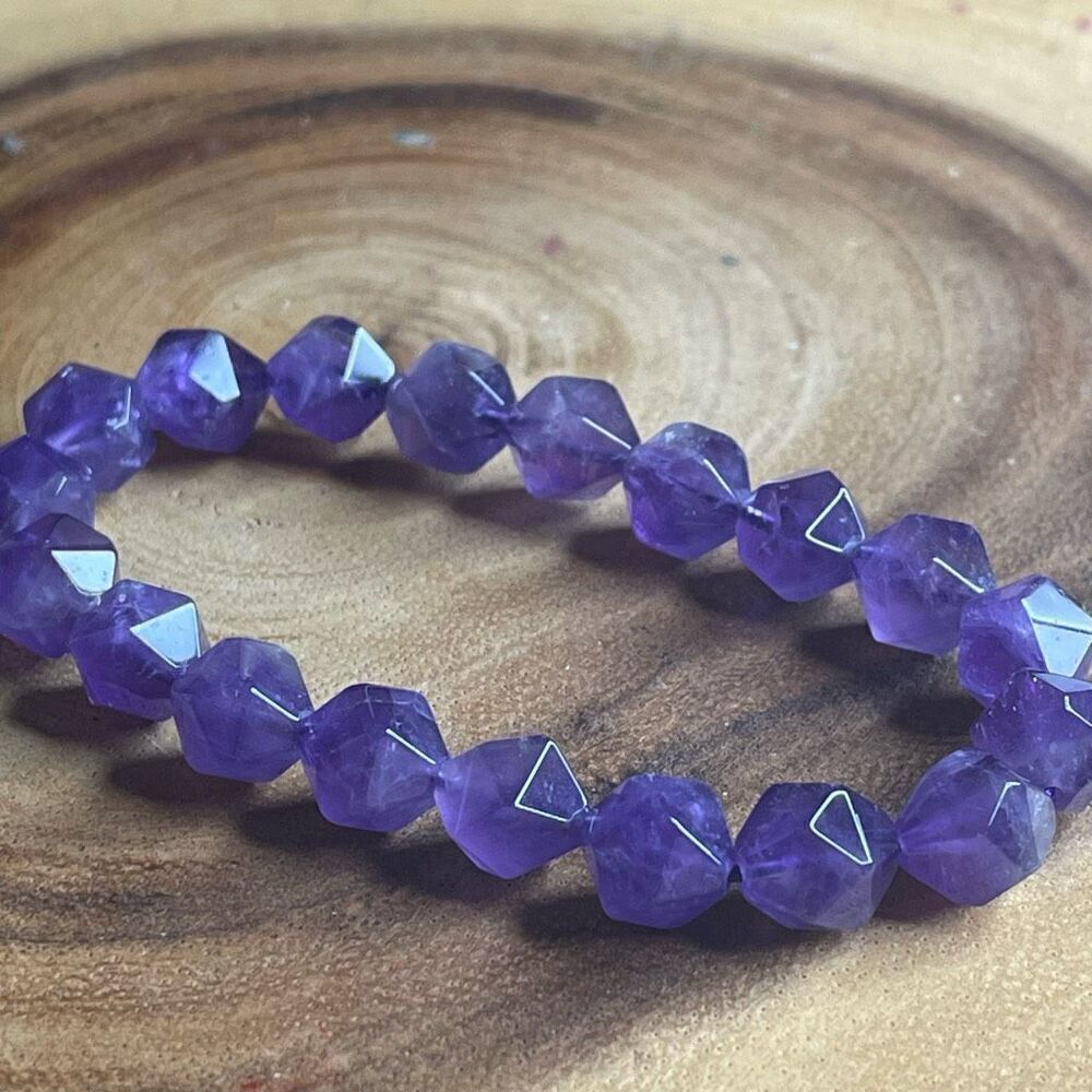 Amethyst purple diamond stretch beaded bracelet 7” crystal healing beads 8mm ONE - Picture 6 of 8